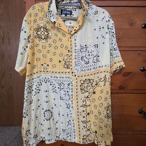NWT Good Vibes Large Hippie Shirt Yellow Handkerchief Print 70's Button Up